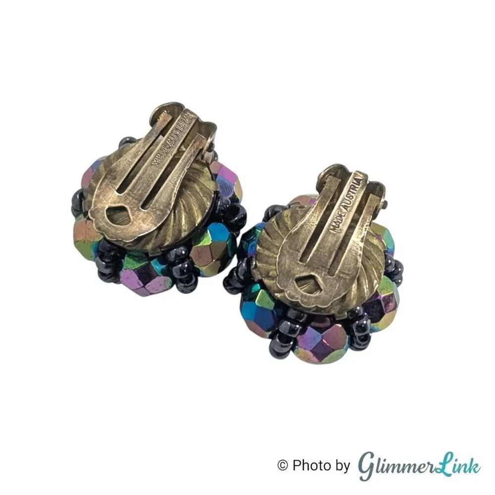 Signed Austria Vintage AB Purple Black Beaded Cluster Clip On Earrings